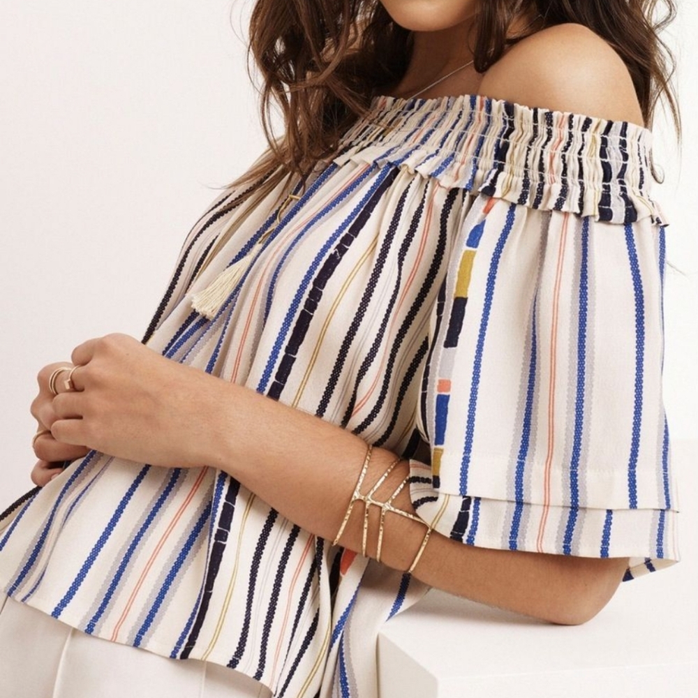 ASTR the label Off Shoulder Striped Ruffled Blouse